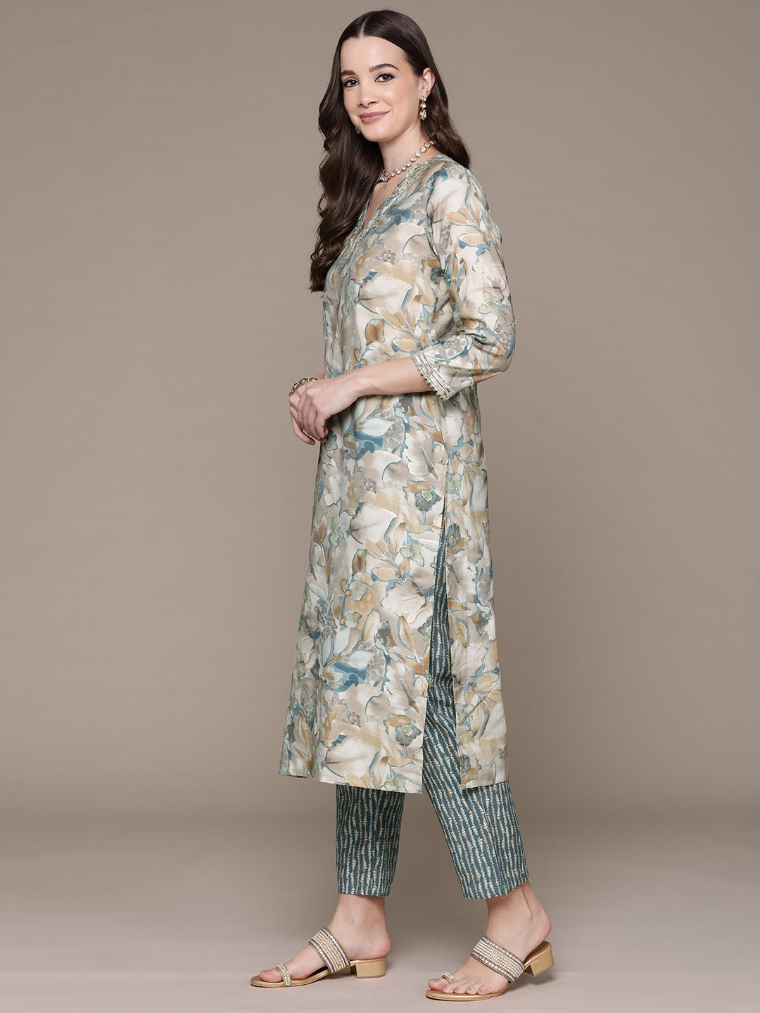 Straight Style Silk Fabric Teal Color Printed & Beads Work Kurti With Palazzo