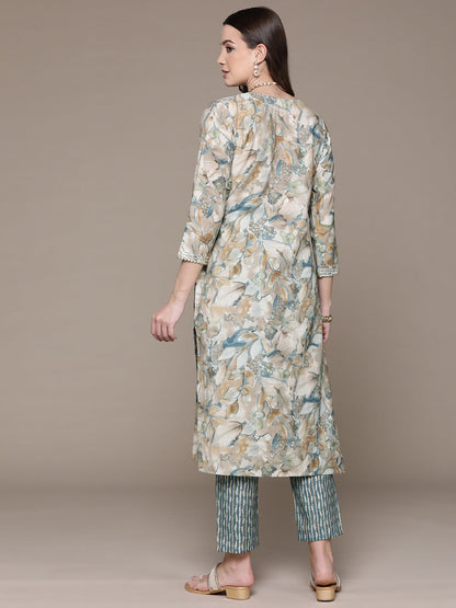 Straight Style Silk Fabric Teal Color Printed & Beads Work Kurti With Palazzo