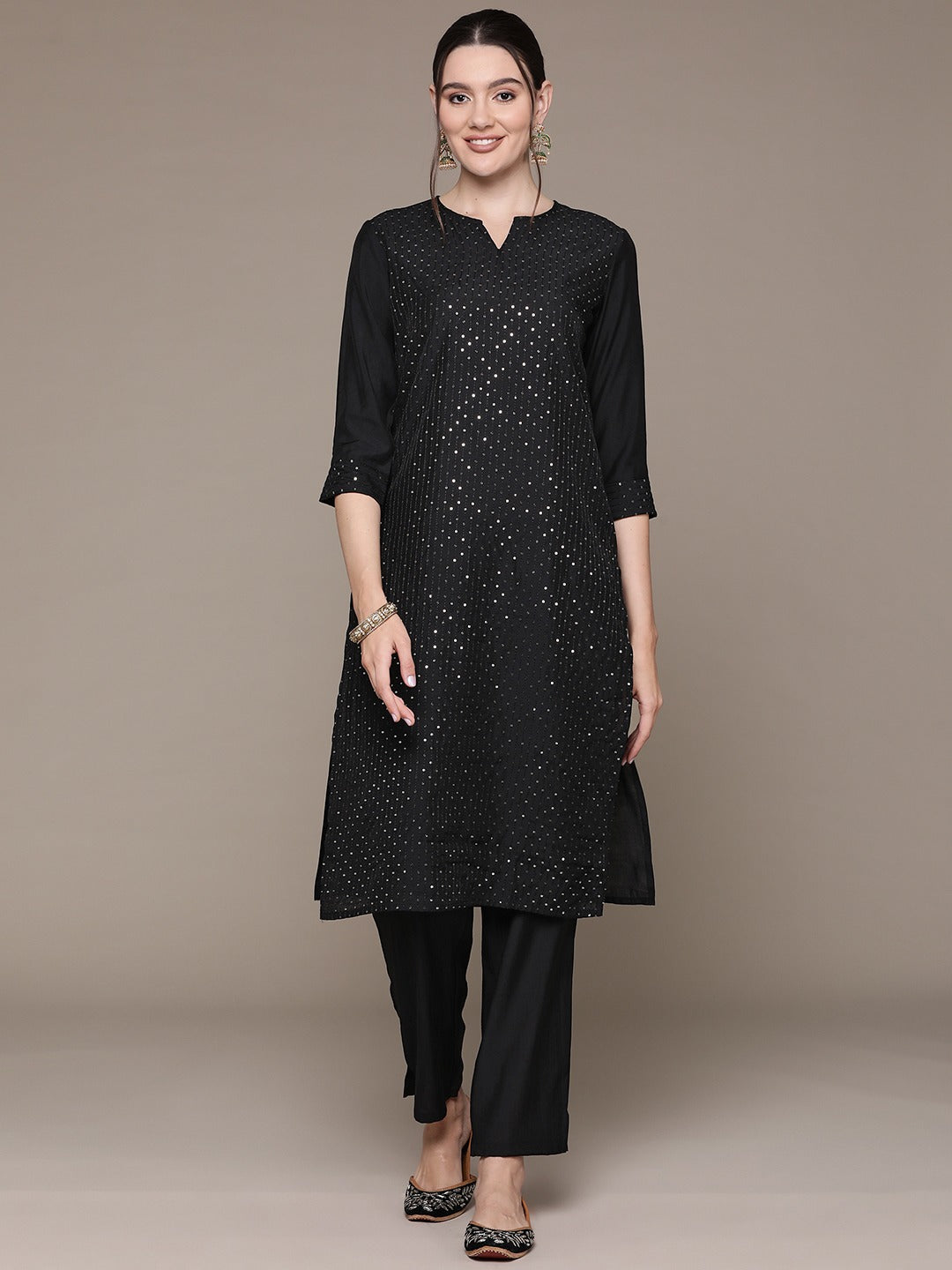 Straight Style Silk Fabric Black Color Sequined Work Kurti With Palazzo