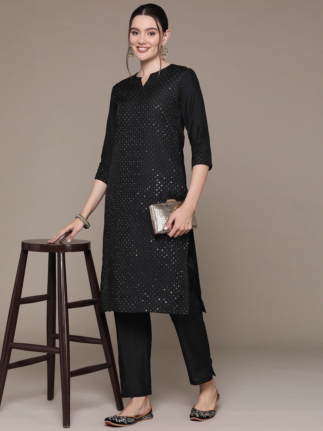 Straight Style Silk Fabric Black Color Sequined Work Kurti With Palazzo