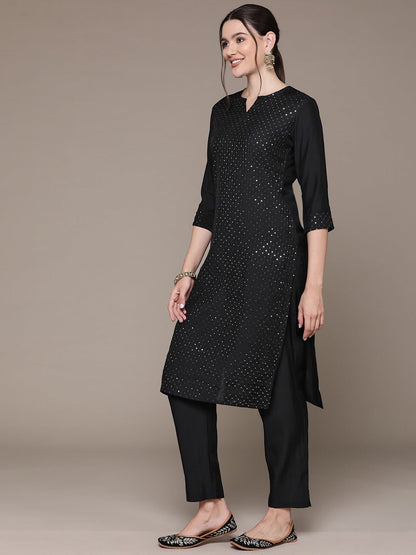 Straight Style Silk Fabric Black Color Sequined Work Kurti With Palazzo