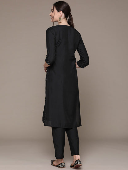 Straight Style Silk Fabric Black Color Sequined Work Kurti With Palazzo