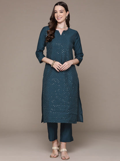 Straight Style Silk Fabric Teal Color Sequined Work Kurti With Palazzo