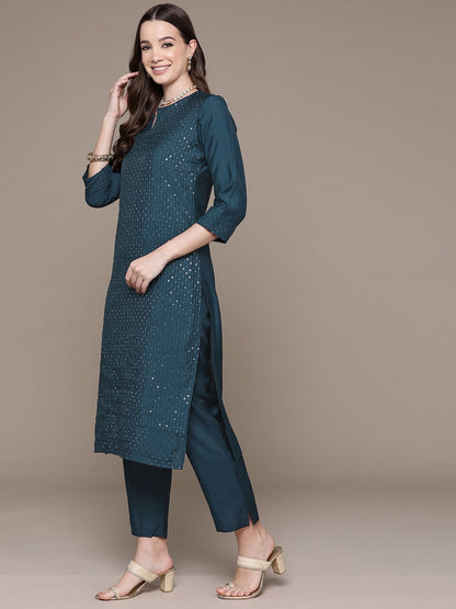 Straight Style Silk Fabric Teal Color Sequined Work Kurti With Palazzo