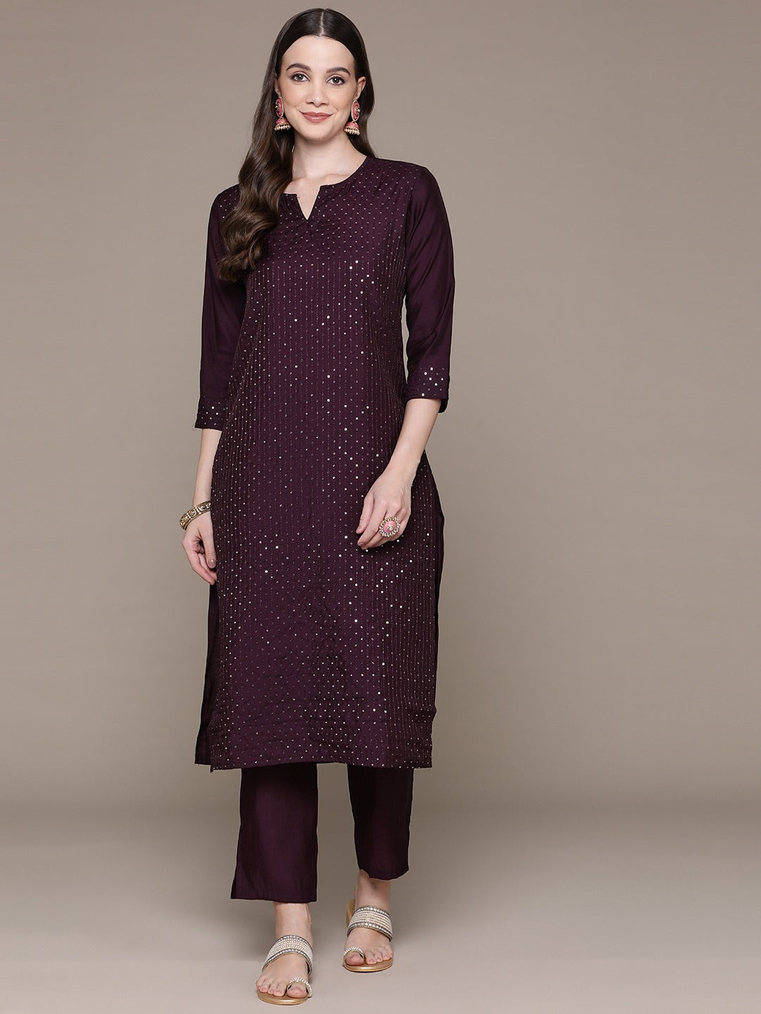 Straight Style Silk Fabric Maroon Color Sequined Work Kurti With Palazzo