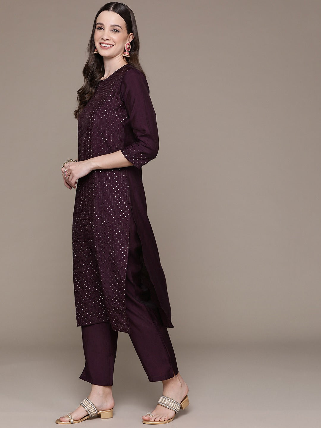 Straight Style Silk Fabric Maroon Color Sequined Work Kurti With Palazzo