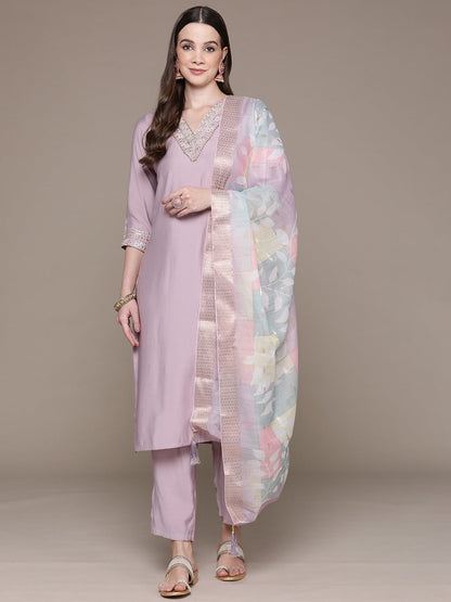 Straight Style Silk Fabric Violet Color Embroidered & Zari Work Kurti With Palazzo And Dupatta