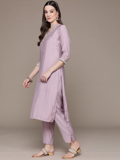 Straight Style Silk Fabric Violet Color Embroidered & Zari Work Kurti With Palazzo And Dupatta