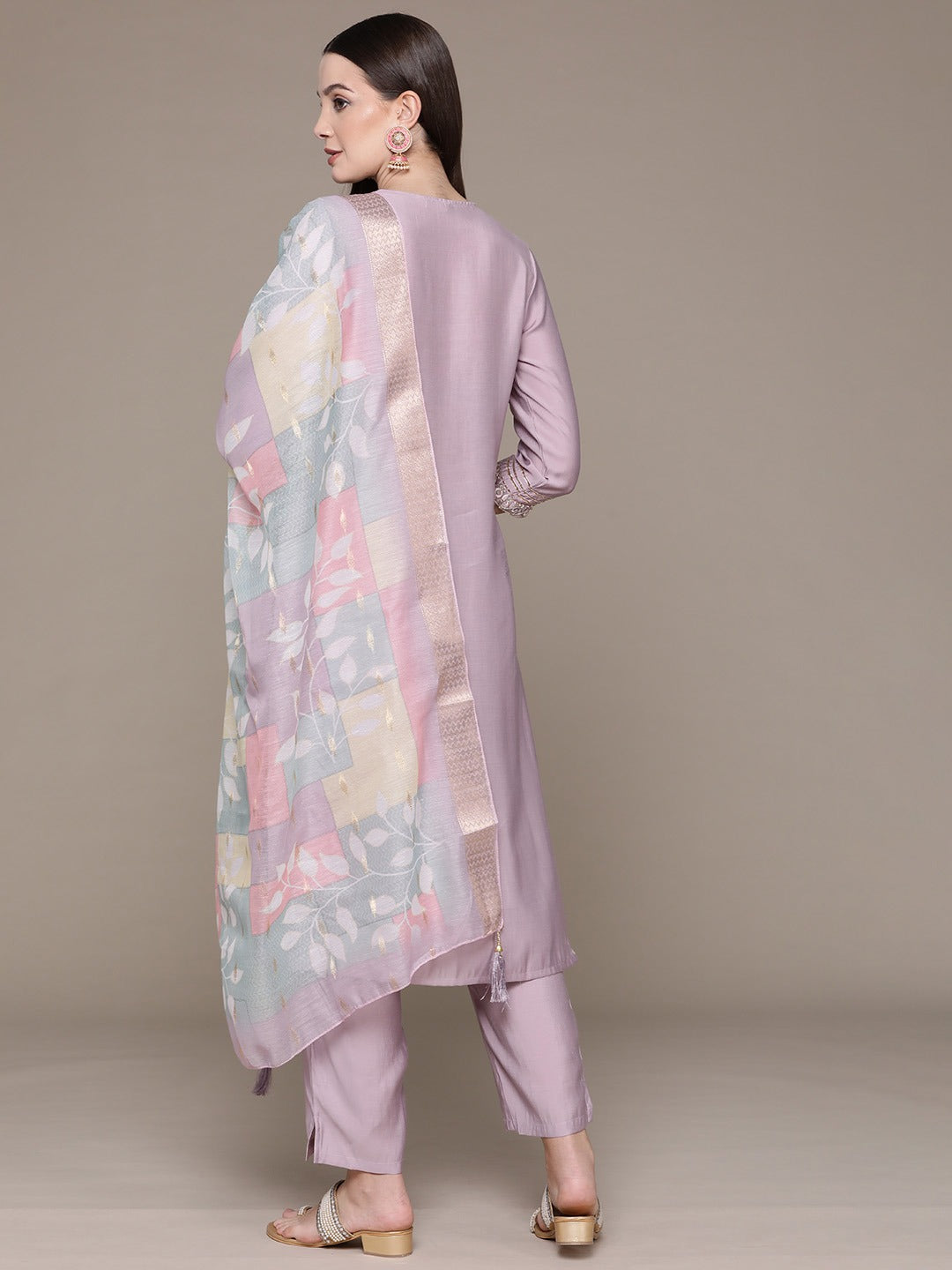 Straight Style Silk Fabric Violet Color Embroidered & Zari Work Kurti With Palazzo And Dupatta