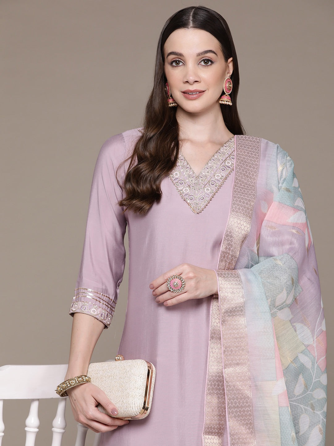 Straight Style Silk Fabric Violet Color Embroidered & Zari Work Kurti With Palazzo And Dupatta