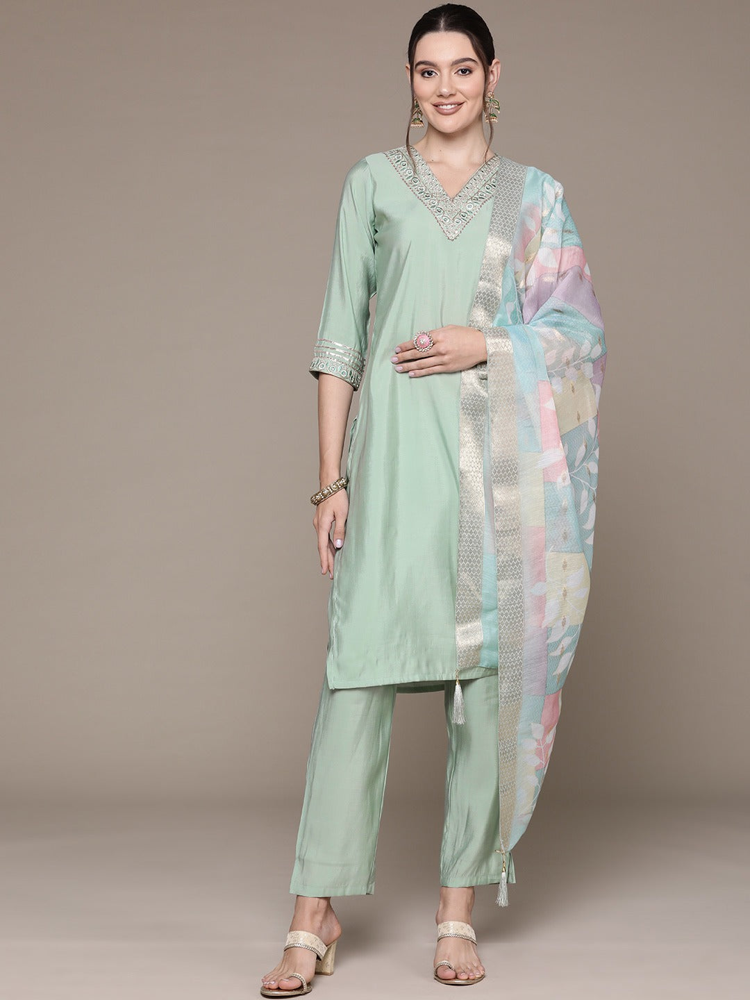 Straight Style Silk Fabric Green Color Embroidered & Zari Work Kurti With Palazzo And Dupatta