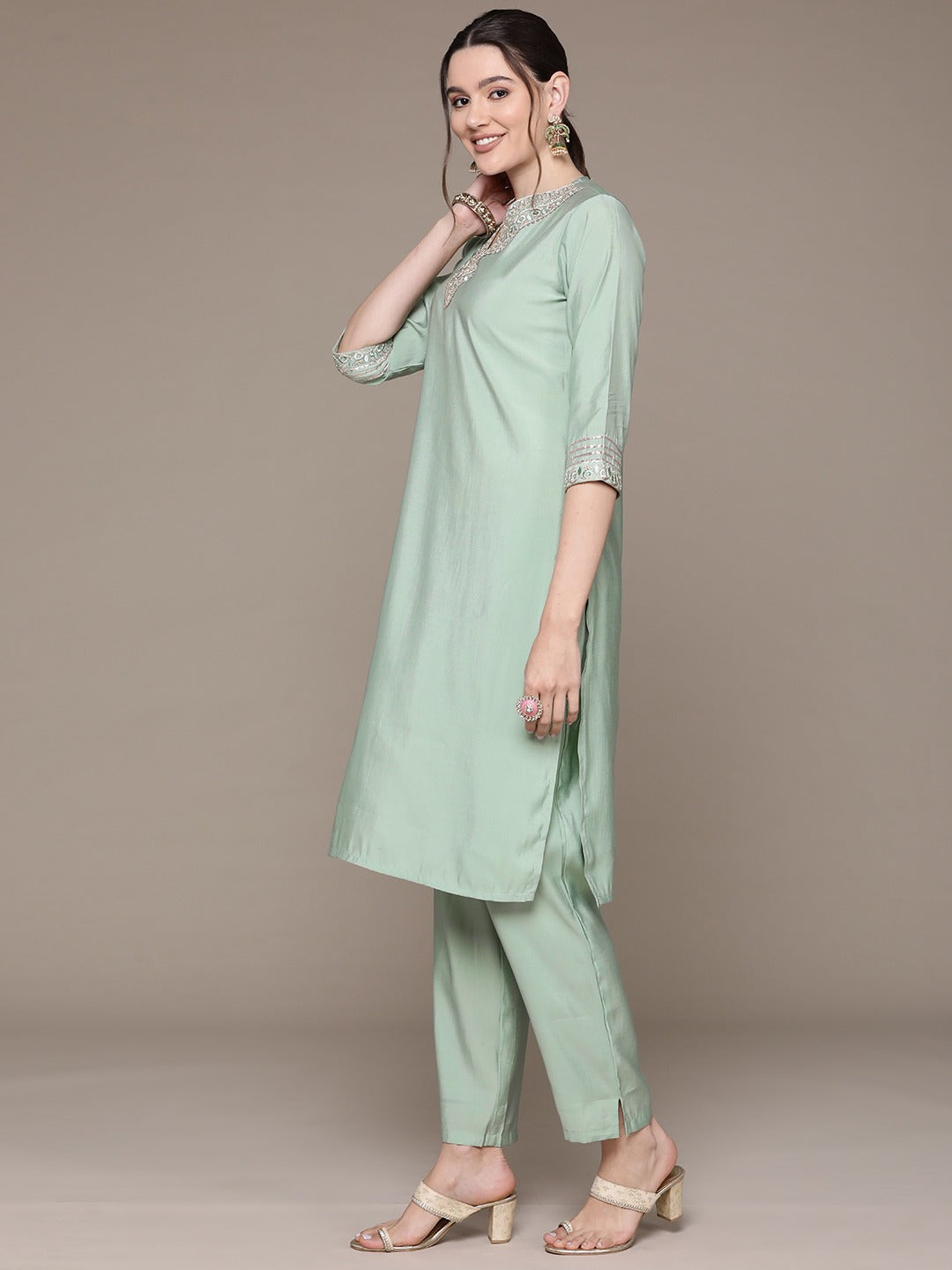 Straight Style Silk Fabric Green Color Embroidered & Zari Work Kurti With Palazzo And Dupatta