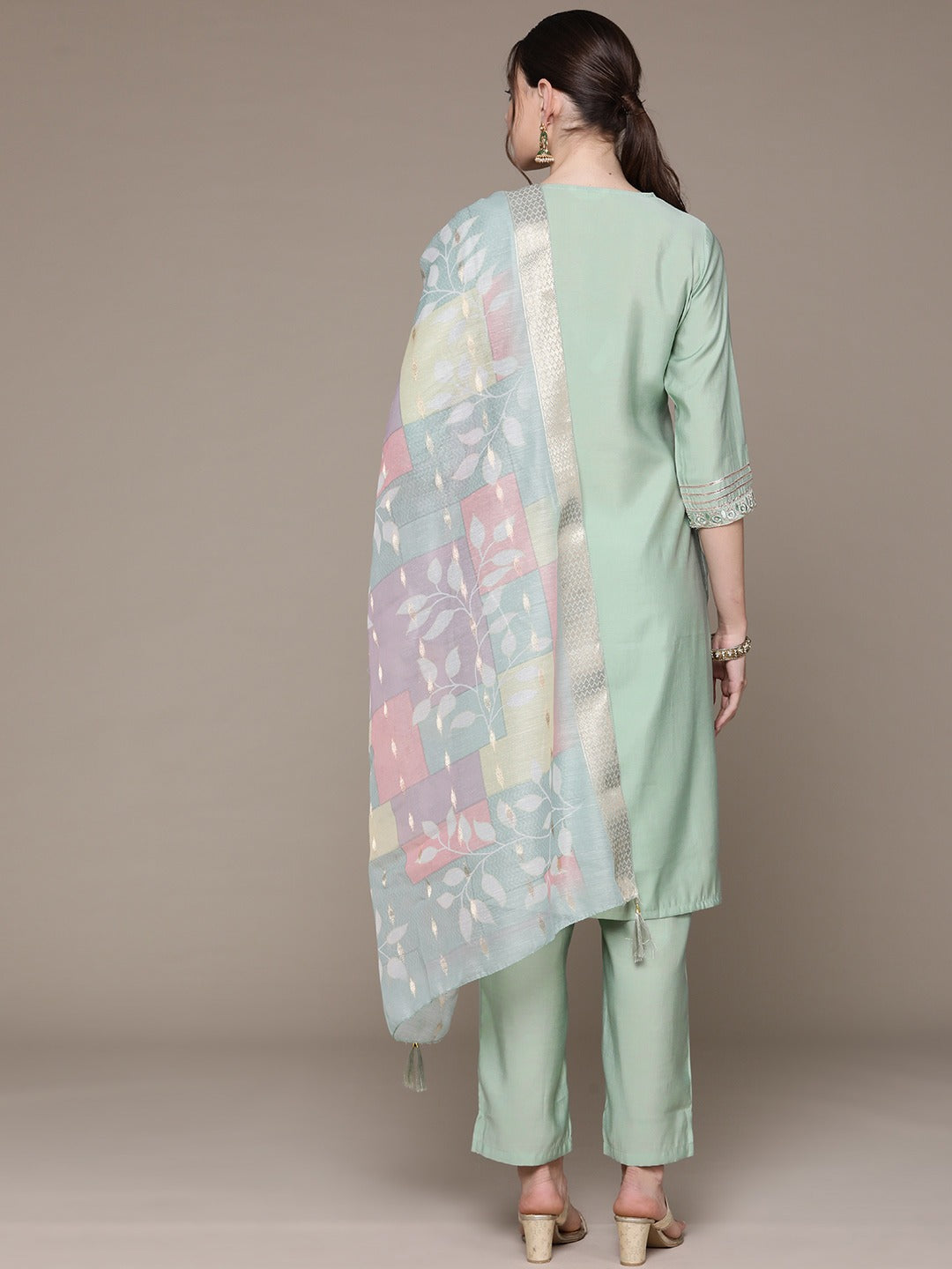 Straight Style Silk Fabric Green Color Embroidered & Zari Work Kurti With Palazzo And Dupatta