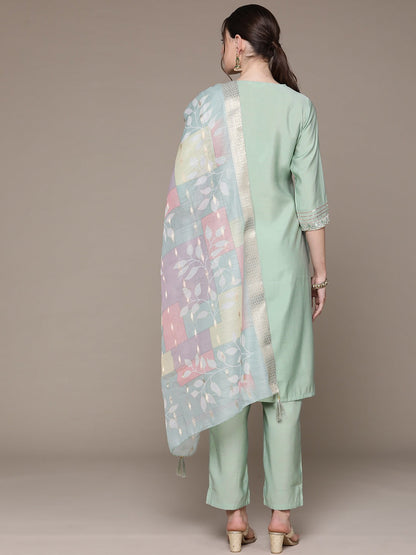 Straight Style Silk Fabric Green Color Embroidered & Zari Work Kurti With Palazzo And Dupatta