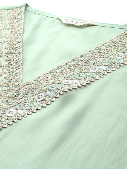 Straight Style Silk Fabric Green Color Embroidered & Zari Work Kurti With Palazzo And Dupatta