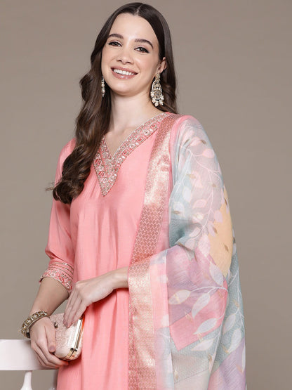 Straight Style Silk Fabric Peach Color Embroidered & Zari Work Kurti With Palazzo And Dupatta