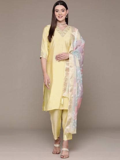 Straight Style Silk Fabric Yellow Color Embroidered & Zari Work Kurti With Palazzo And Dupatta