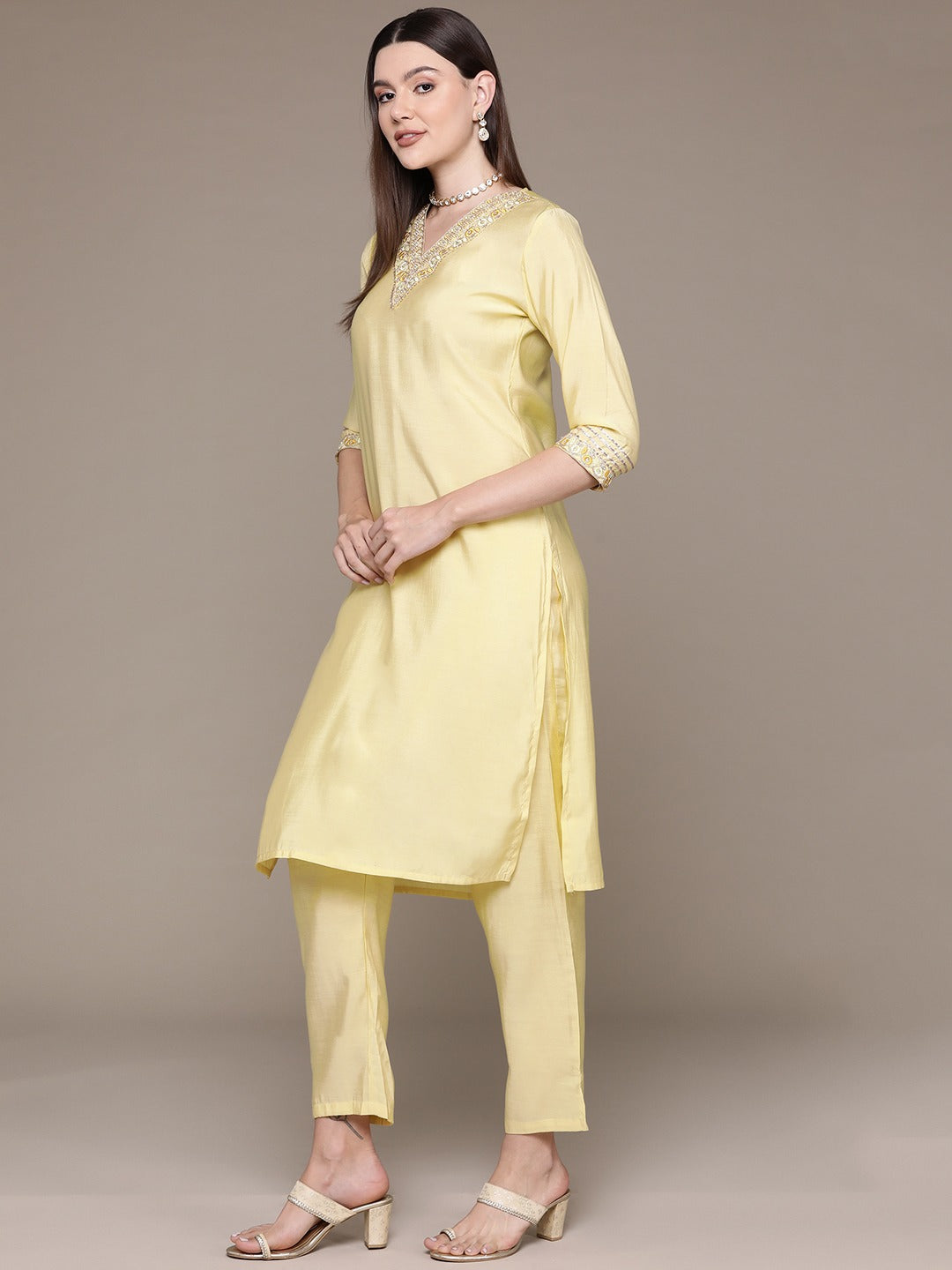 Straight Style Silk Fabric Yellow Color Embroidered & Zari Work Kurti With Palazzo And Dupatta