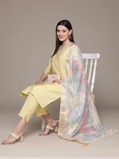 Straight Style Silk Fabric Yellow Color Embroidered & Zari Work Kurti With Palazzo And Dupatta