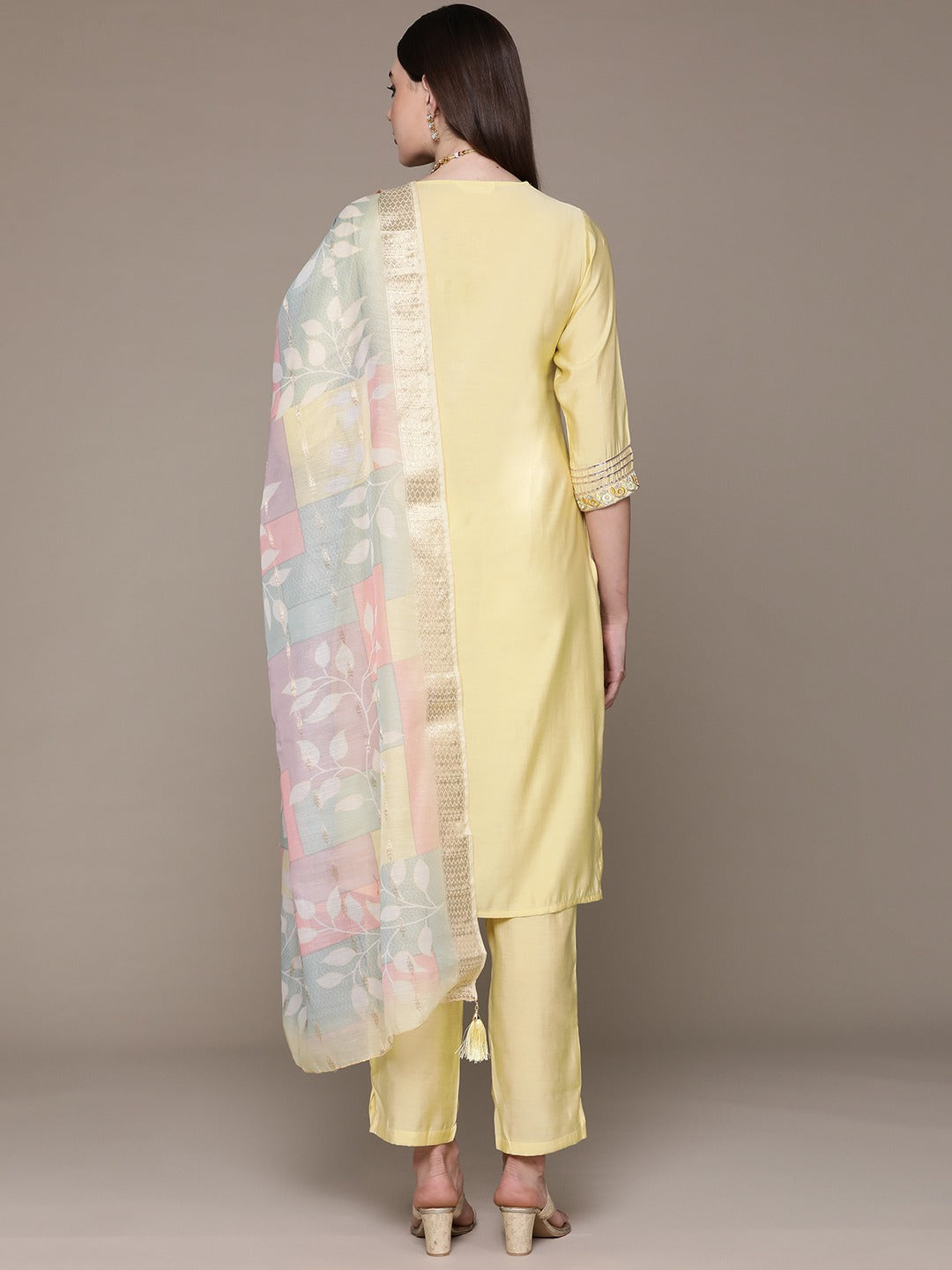 Straight Style Silk Fabric Yellow Color Embroidered & Zari Work Kurti With Palazzo And Dupatta