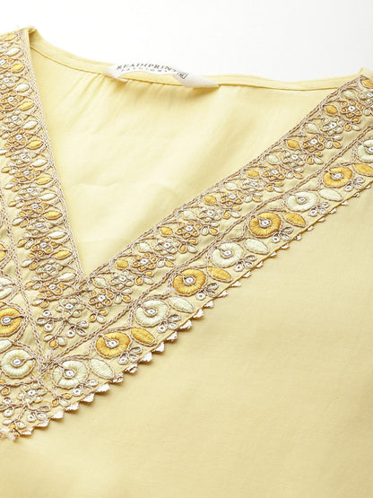 Straight Style Silk Fabric Yellow Color Embroidered & Zari Work Kurti With Palazzo And Dupatta