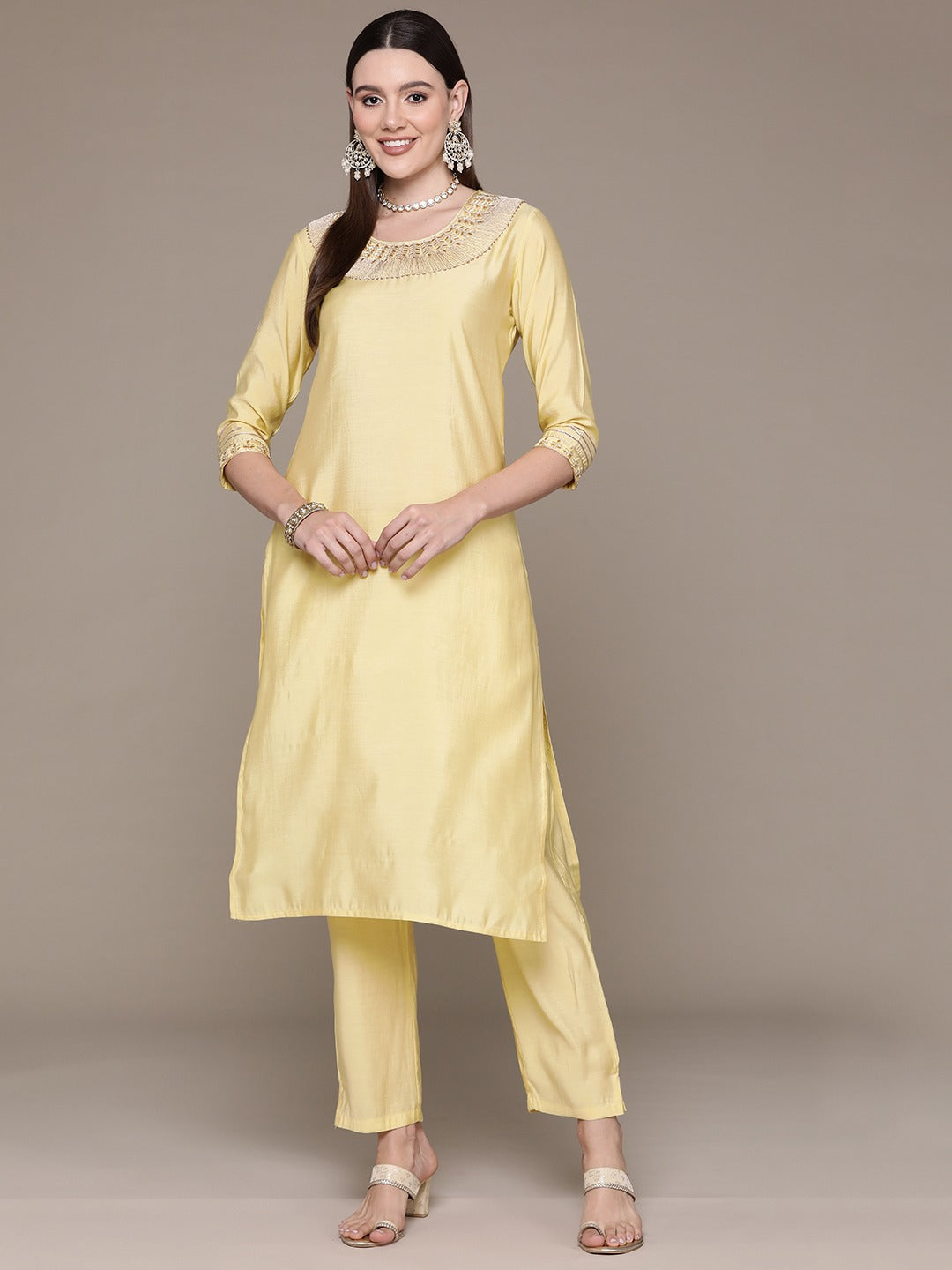 Straight Style Silk Fabric Yellow Color Embroidered & Zari Work Kurti With Palazzo