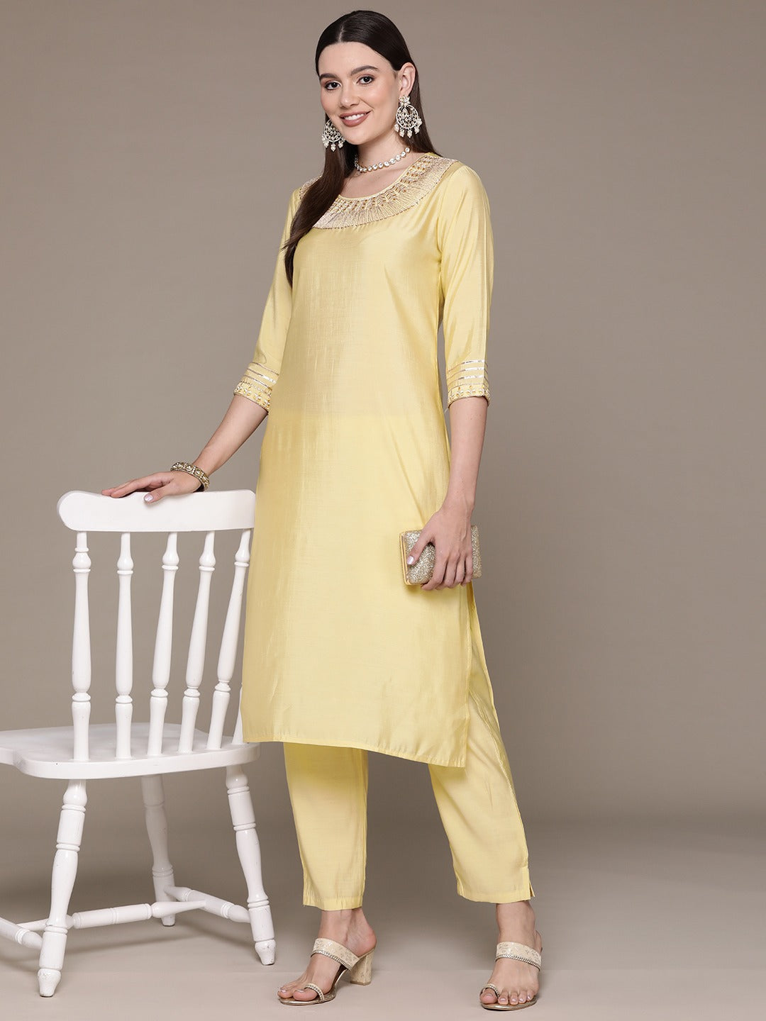 Straight Style Silk Fabric Yellow Color Embroidered & Zari Work Kurti With Palazzo