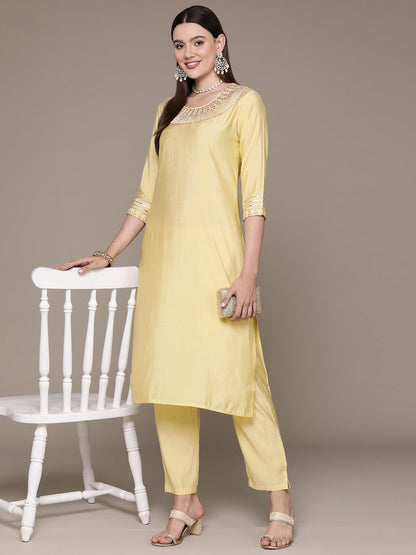 Straight Style Silk Fabric Yellow Color Embroidered & Zari Work Kurti With Palazzo