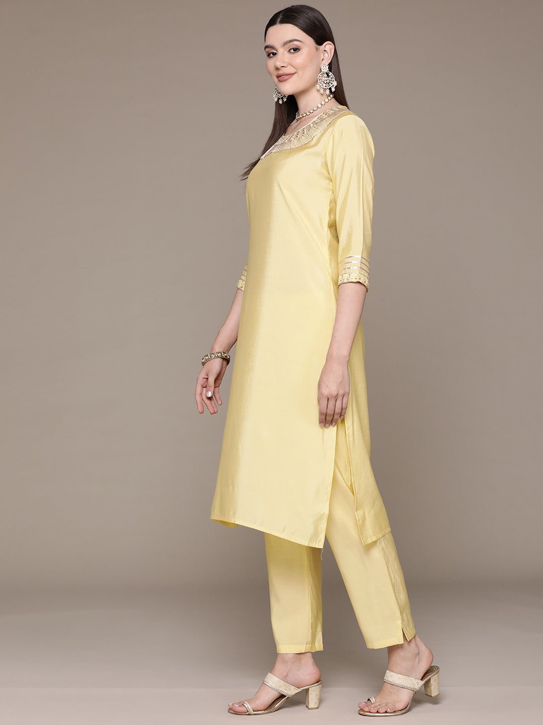 Straight Style Silk Fabric Yellow Color Embroidered & Zari Work Kurti With Palazzo