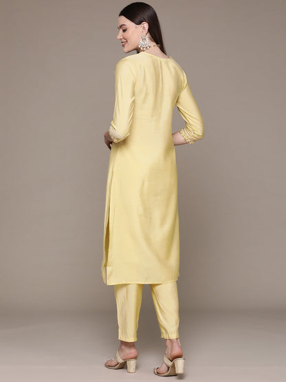 Straight Style Silk Fabric Yellow Color Embroidered & Zari Work Kurti With Palazzo