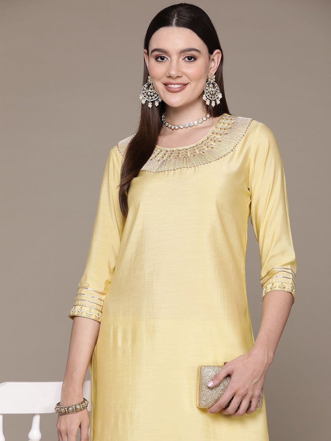 Straight Style Silk Fabric Yellow Color Embroidered & Zari Work Kurti With Palazzo