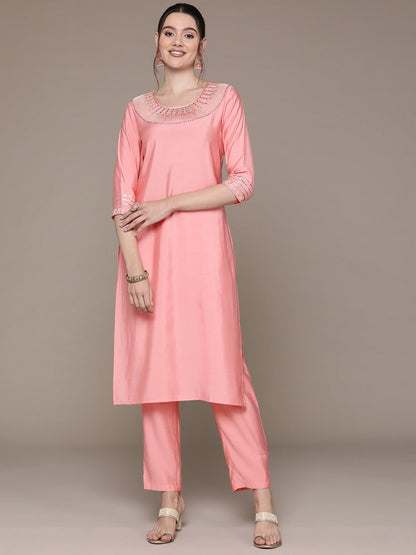 Straight Style Silk Fabric Peach Color Embroidered & Zari Work Kurti With Palazzo