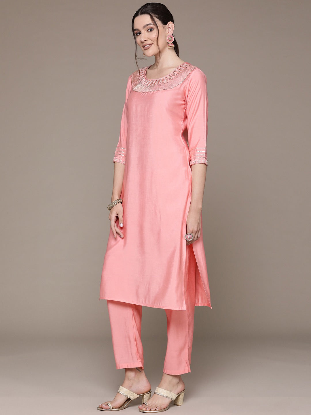 Straight Style Silk Fabric Peach Color Embroidered & Zari Work Kurti With Palazzo