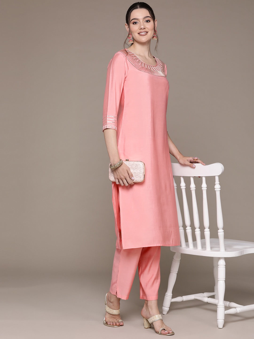 Straight Style Silk Fabric Peach Color Embroidered & Zari Work Kurti With Palazzo