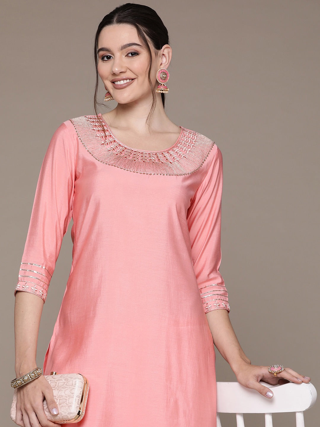 Straight Style Silk Fabric Peach Color Embroidered & Zari Work Kurti With Palazzo