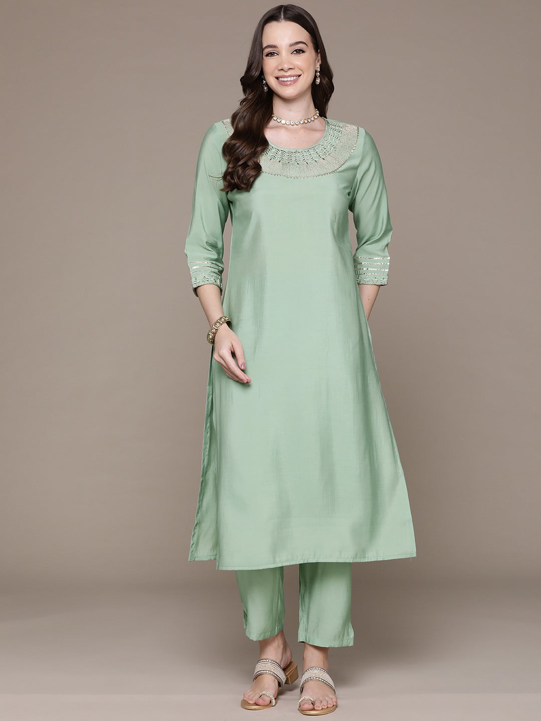 Straight Style Silk Fabric Green Color Embroidered & Zari Work Kurti With Palazzo