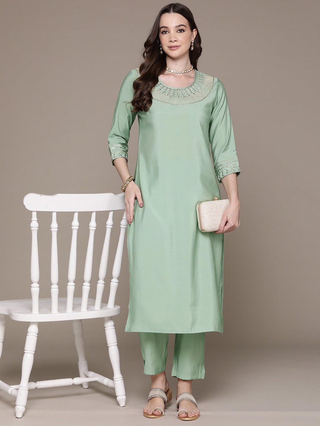 Straight Style Silk Fabric Green Color Embroidered & Zari Work Kurti With Palazzo