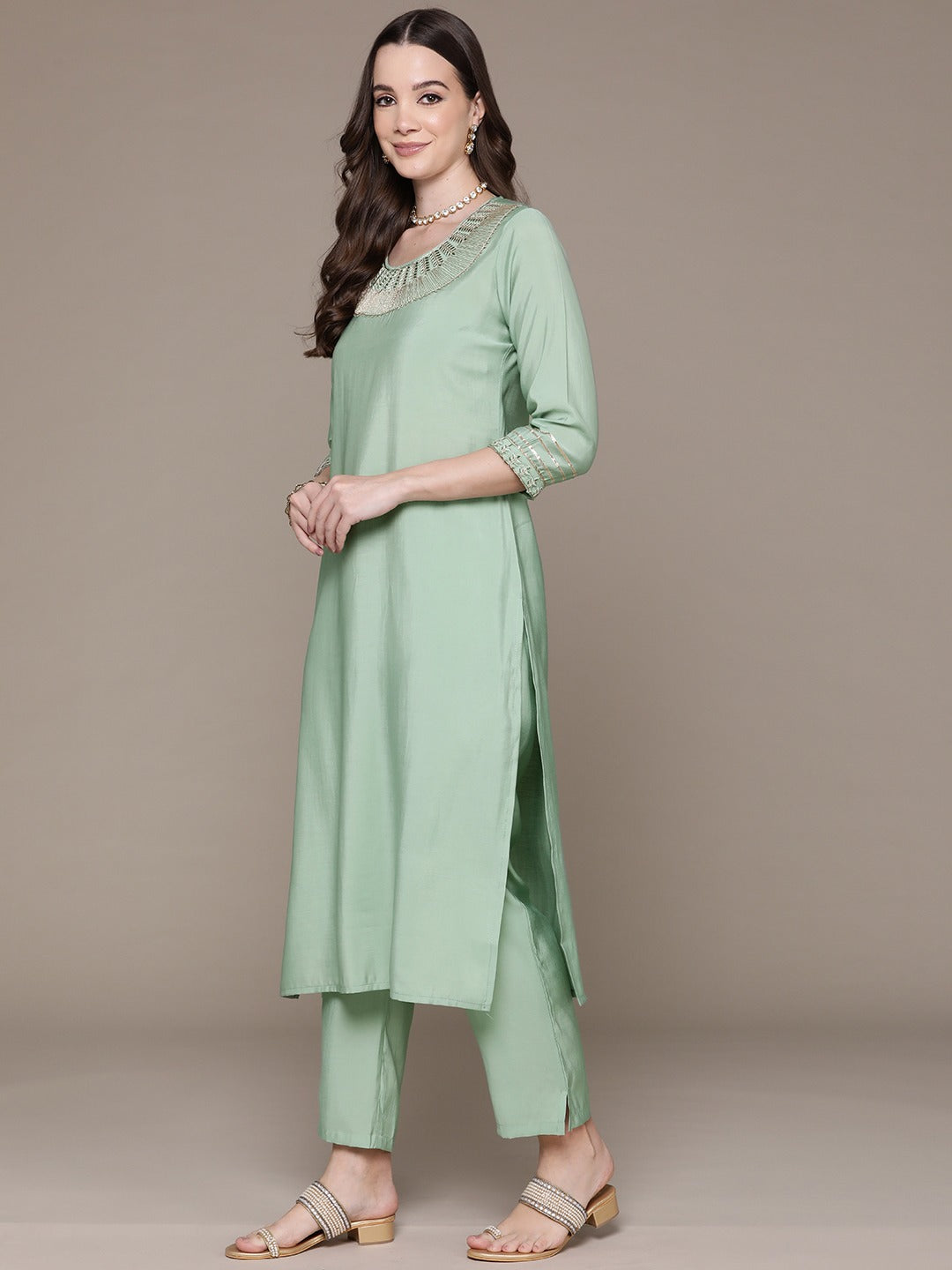 Straight Style Silk Fabric Green Color Embroidered & Zari Work Kurti With Palazzo