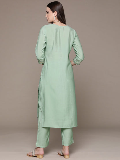 Straight Style Silk Fabric Green Color Embroidered & Zari Work Kurti With Palazzo