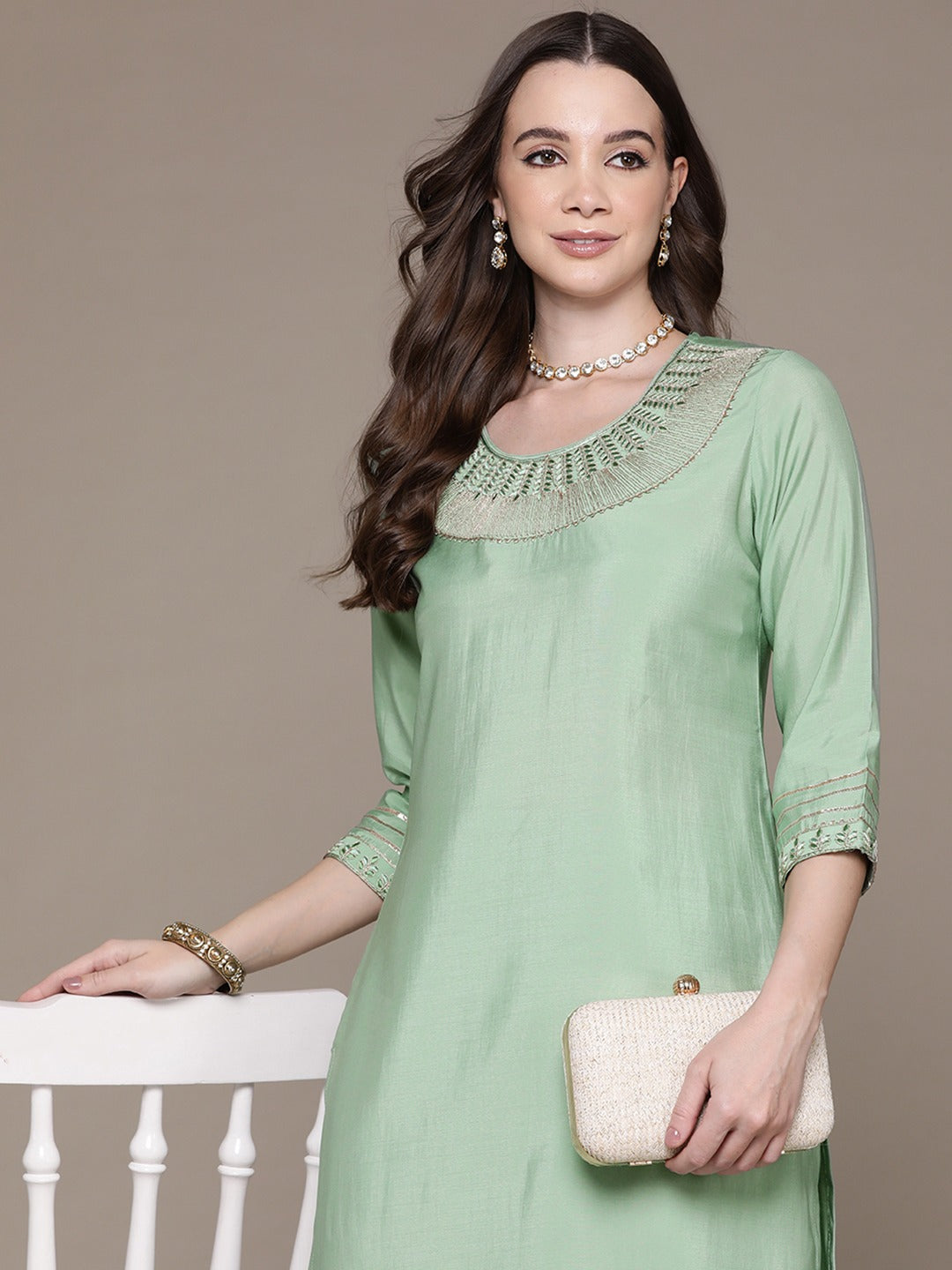 Straight Style Silk Fabric Green Color Embroidered & Zari Work Kurti With Palazzo