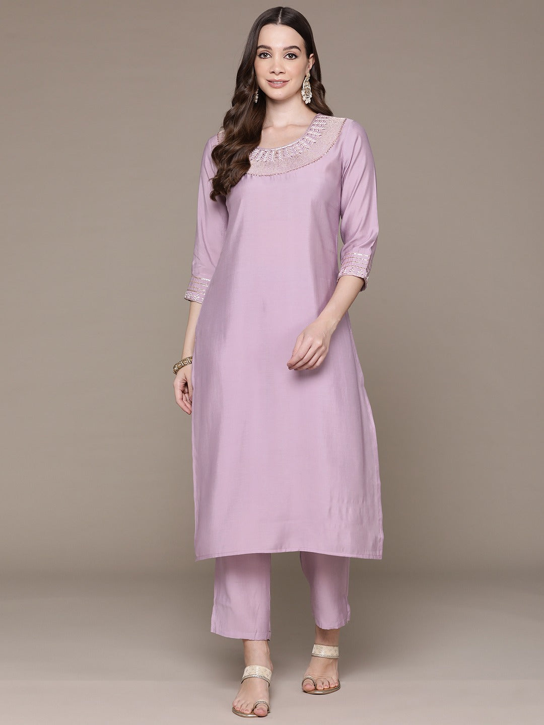 Straight Style Silk Fabric Violet Color Embroidered & Zari Work Kurti With Palazzo