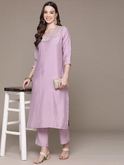 Straight Style Silk Fabric Violet Color Embroidered & Zari Work Kurti With Palazzo