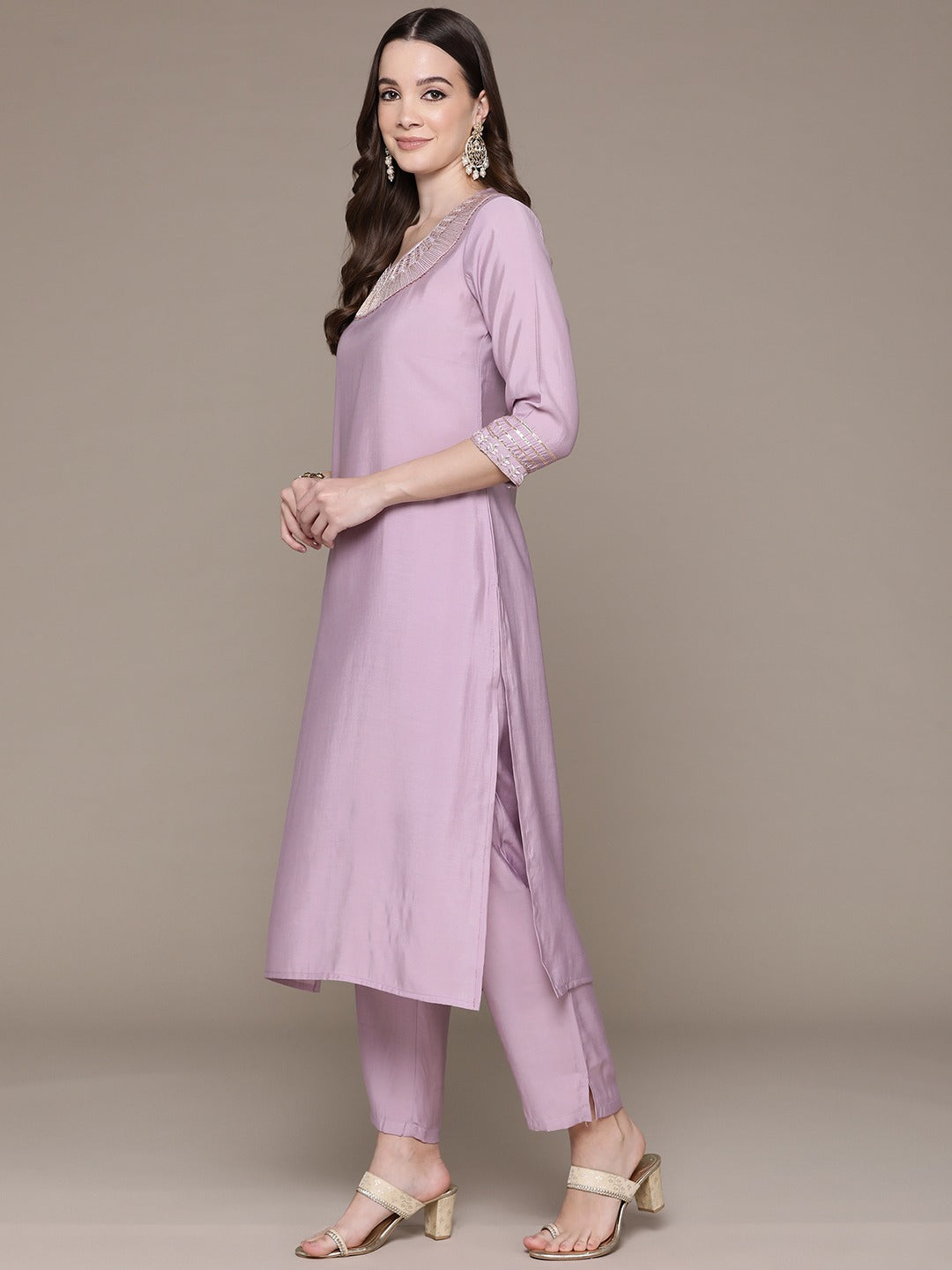 Straight Style Silk Fabric Violet Color Embroidered & Zari Work Kurti With Palazzo