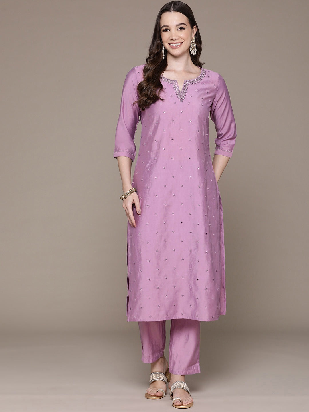 Straight Style Silk Fabric Violet Color Embroidered & Mirror Work Kurti With Palazzo