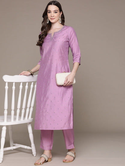 Straight Style Silk Fabric Violet Color Embroidered & Mirror Work Kurti With Palazzo