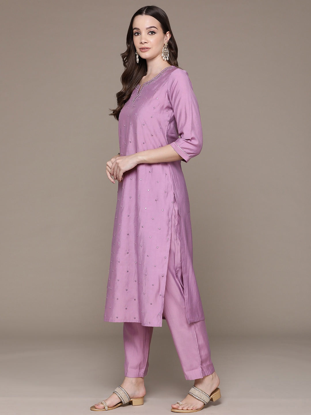 Straight Style Silk Fabric Violet Color Embroidered & Mirror Work Kurti With Palazzo