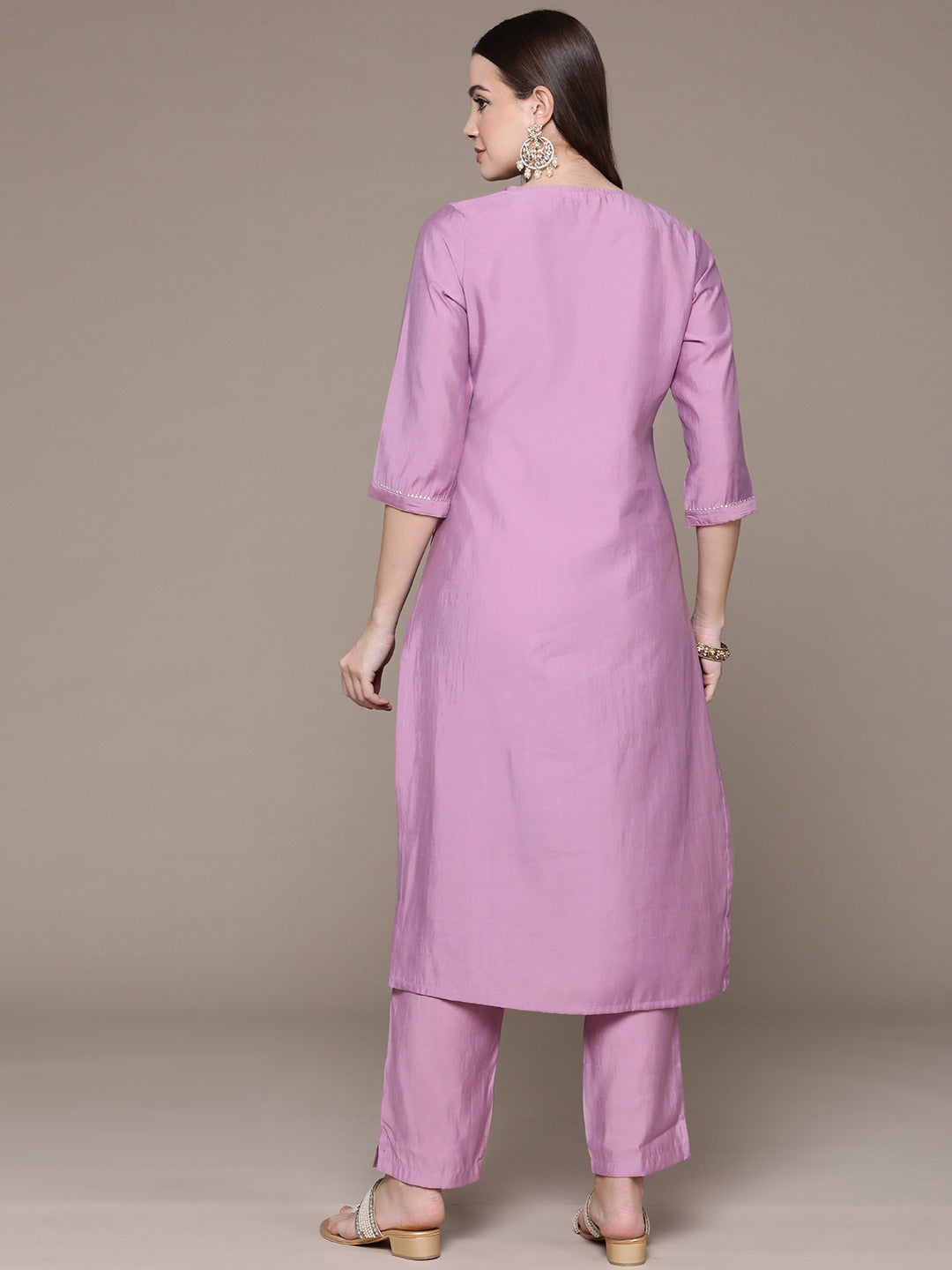 Straight Style Silk Fabric Violet Color Embroidered & Mirror Work Kurti With Palazzo