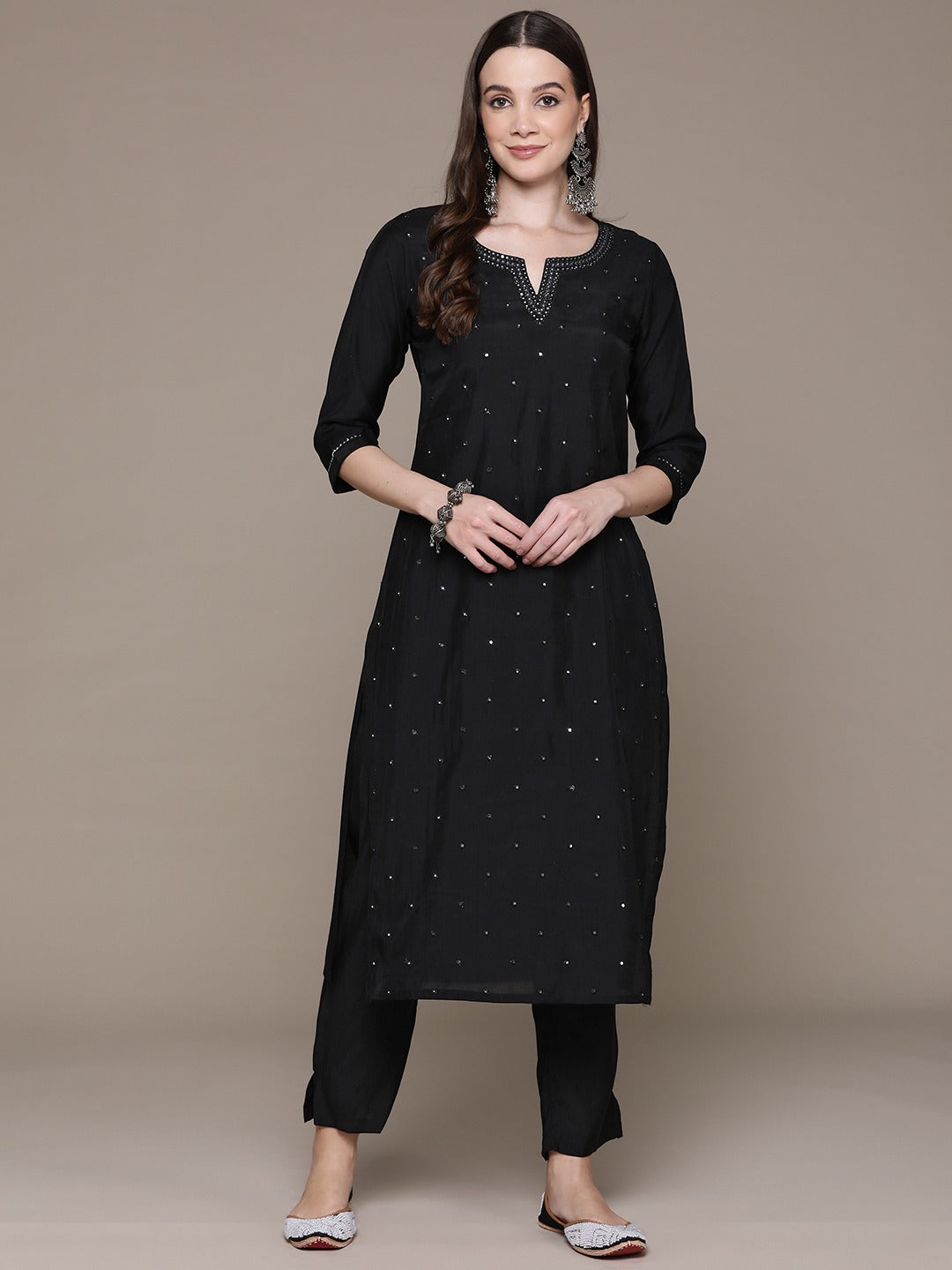 Straight Style Silk Fabric Black Color Embroidered & Mirror Work Kurti With Palazzo