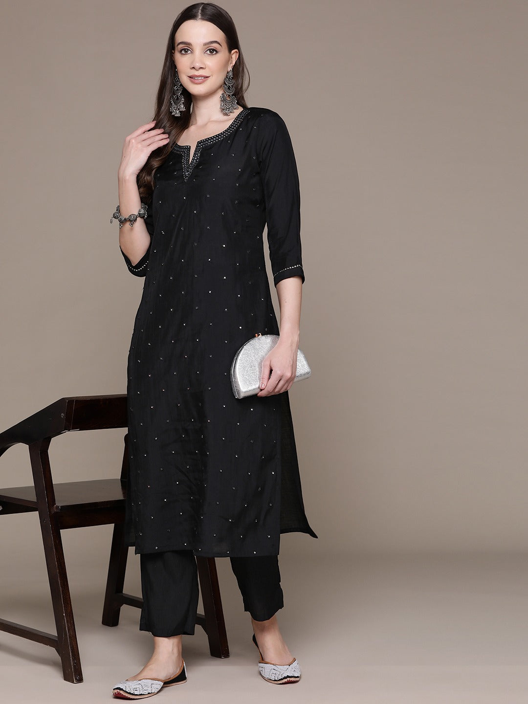 Straight Style Silk Fabric Black Color Embroidered & Mirror Work Kurti With Palazzo