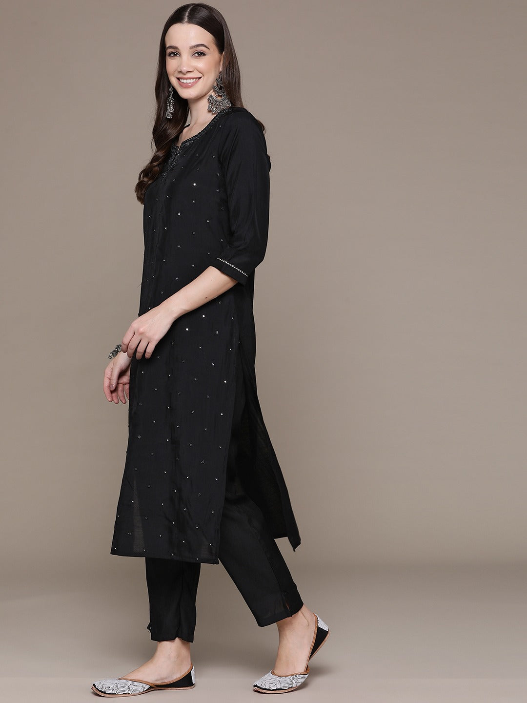 Straight Style Silk Fabric Black Color Embroidered & Mirror Work Kurti With Palazzo